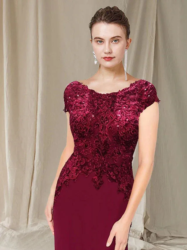 A-Line Mother of the Bride Dress Elegant Jewel Neck Sweep / Brush Train Chiffon Lace Short Sleeve with Appliques