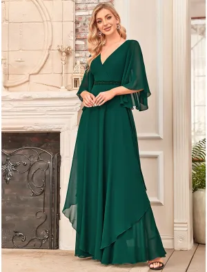 A-Line Mother of the Bride Dress Elegant V Neck Floor Length Chiffon Half Sleeve with Sash / Ribbon