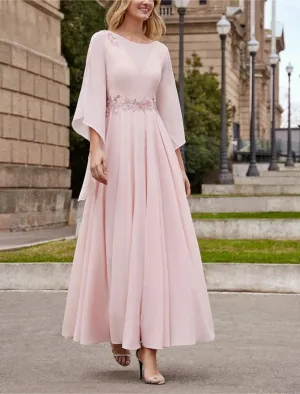 A-Line Mother of the Bride Dress Formal Wedding Guest Elegant Bateau Neck Ankle Length Chiffon 3/4 Length Sleeve with Beading Sequin