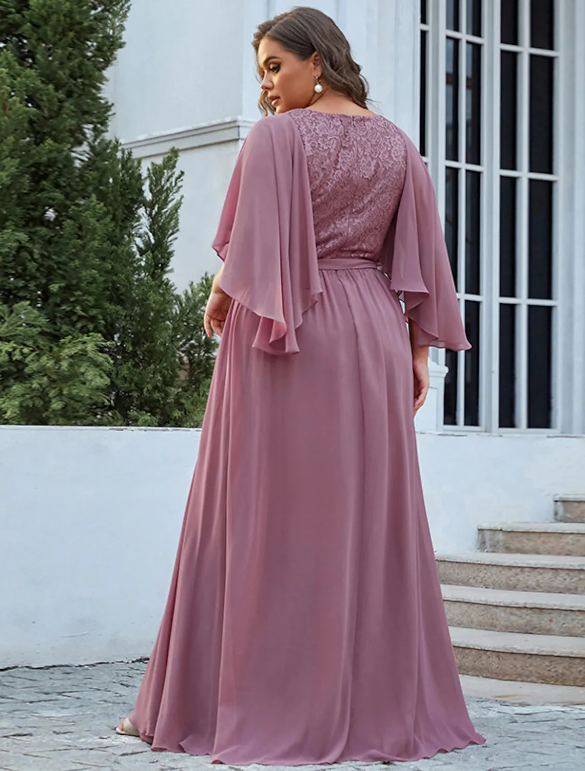 A-Line Mother of the Bride Dress Plus Size Elegant V Neck Floor Length Chiffon Tulle Half Sleeve with Sash / Ribbon