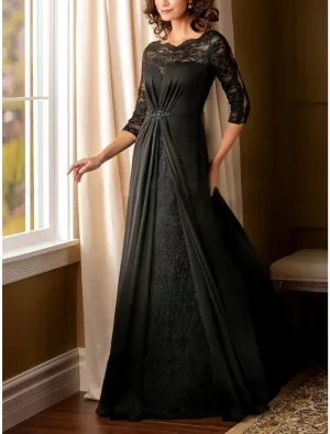 A-Line Mother of the Bride Dress Wedding Guest Elegant Scoop Neck Floor Length Chiffon Half Sleeve with Lace Beading Ruching