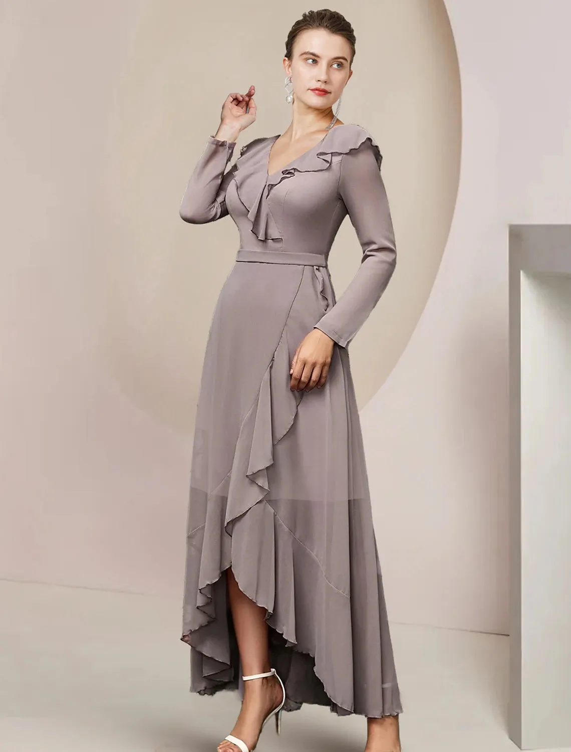 A-Line Mother of the Bride Dress Wedding Guest Elegant V Neck Asymmetrical Ankle Length Chiffon Long Sleeve with Ruffles Solid Color