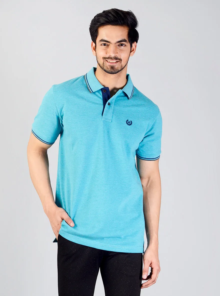 Aqua Blue Solid Slim Fit Polo T-shirt | Greenfibre