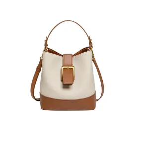 Beige Leather Buckle Bucket Bag