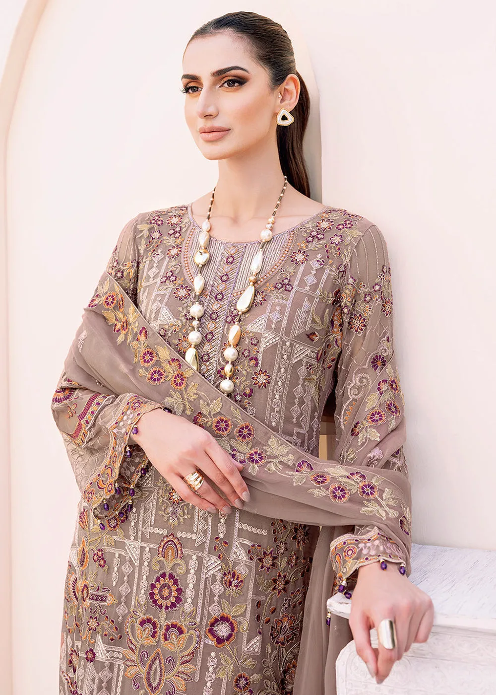 Brown Embroidered Suit - Ramsha Chiffon Vol 23 - #F-2311