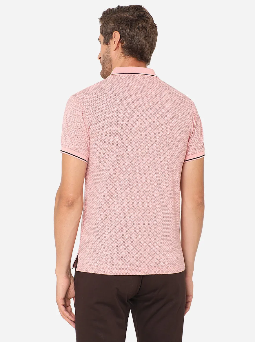 Coral Pink Printed Slim Fit Polo T-Shirt | Greenfibre