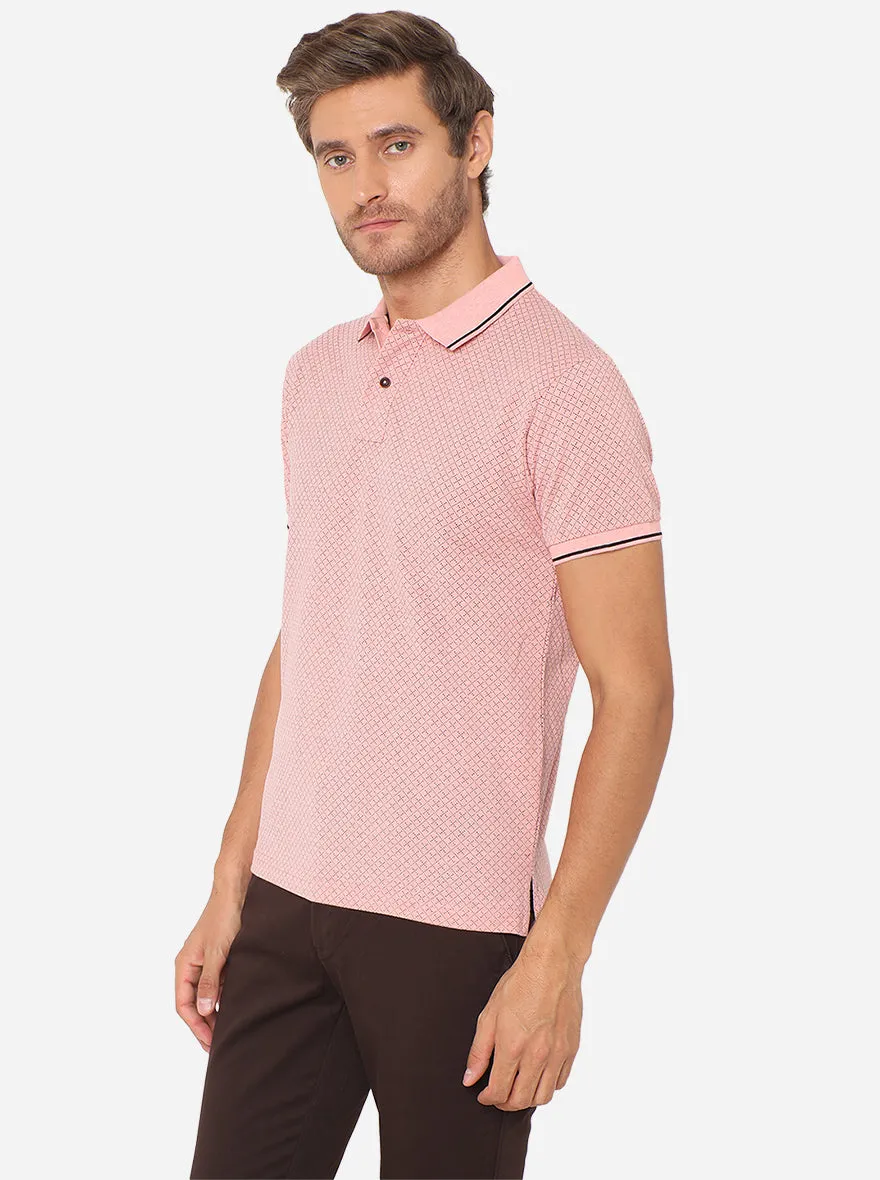 Coral Pink Printed Slim Fit Polo T-Shirt | Greenfibre