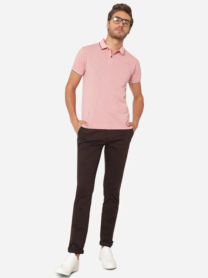 Coral Pink Printed Slim Fit Polo T-Shirt | Greenfibre