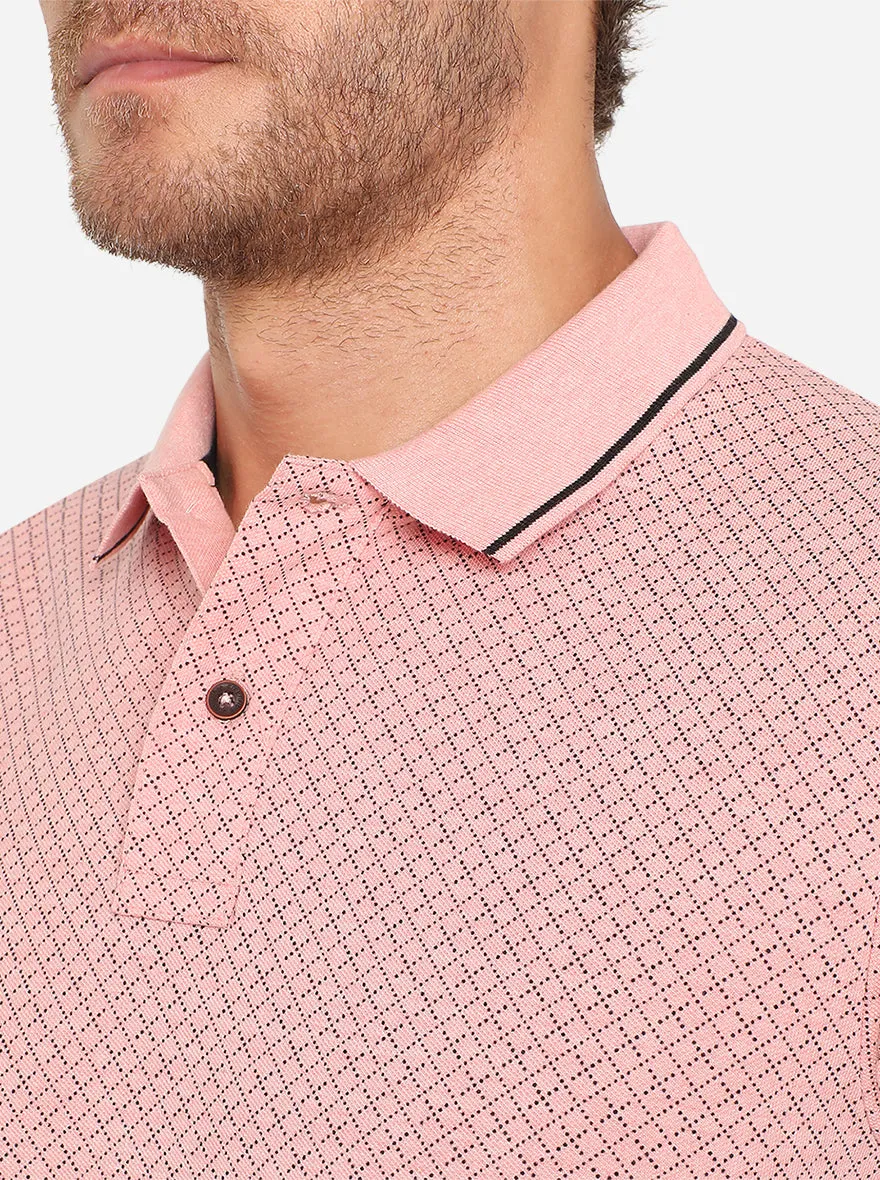 Coral Pink Printed Slim Fit Polo T-Shirt | Greenfibre