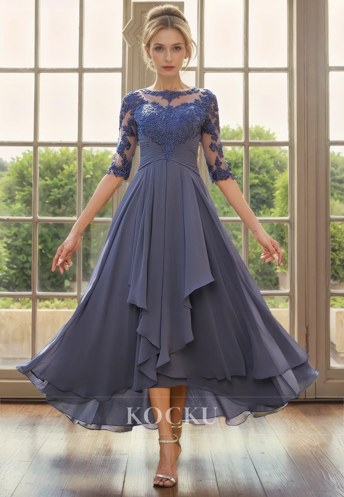 Couture & Ornate Appliques Long sleeves A-Line Chiffon Cocktail Mother of the Bride Dress