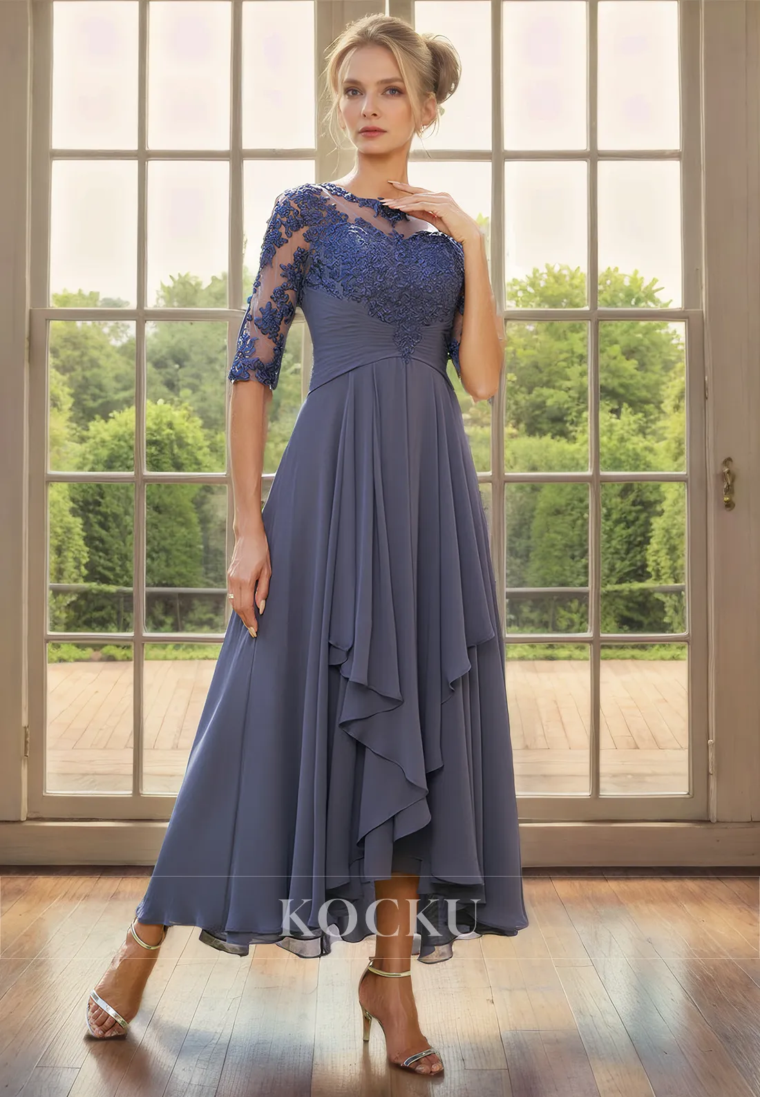 Couture & Ornate Appliques Long sleeves A-Line Chiffon Cocktail Mother of the Bride Dress