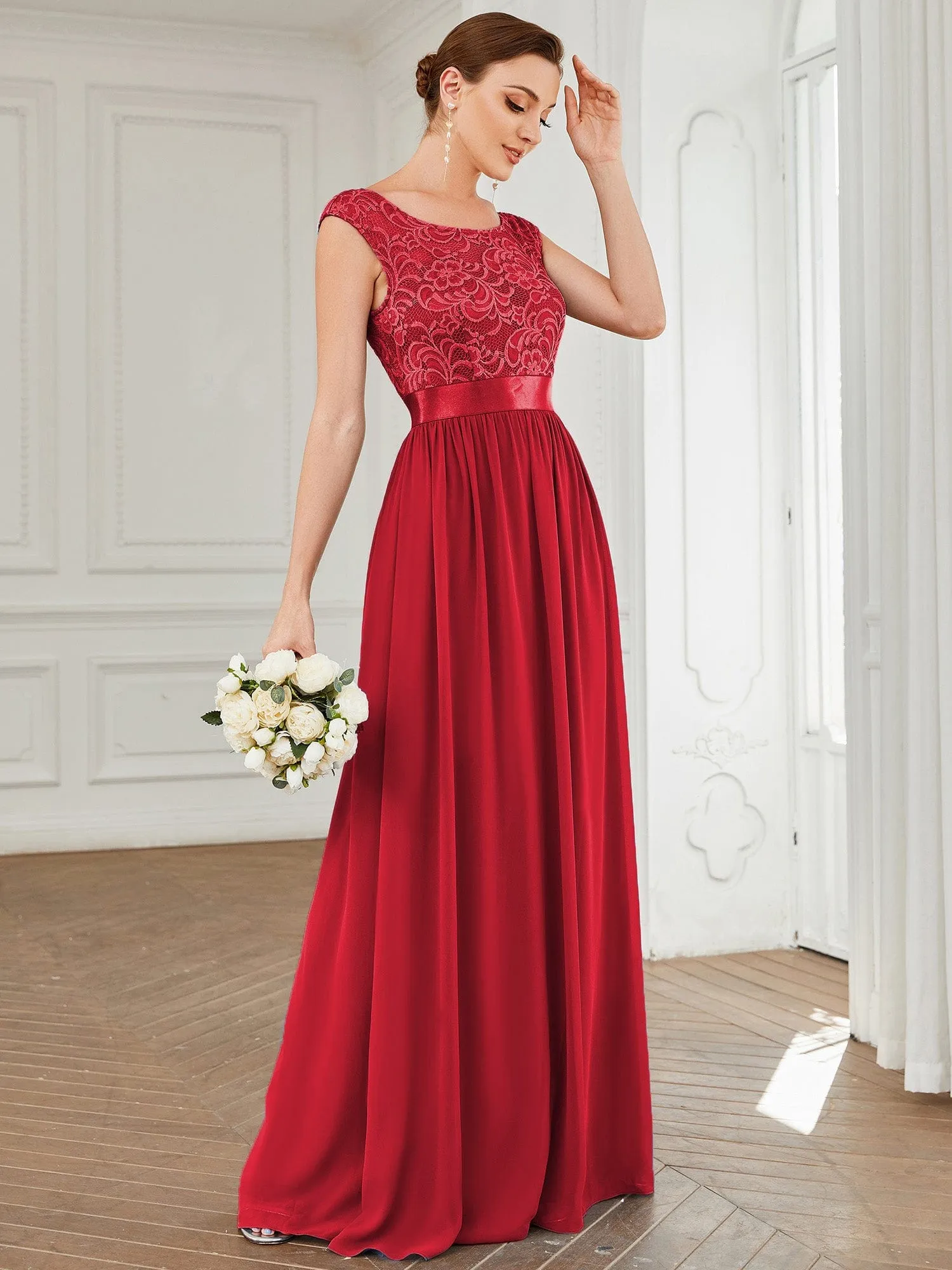 Custom Size Classic Round Neck V Back Lace Bridesmaid Dress