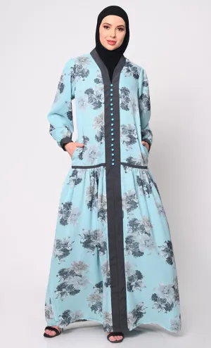 Elegant Blue Chiffon Printed Abaya with Bishop Sleeves and Pockets