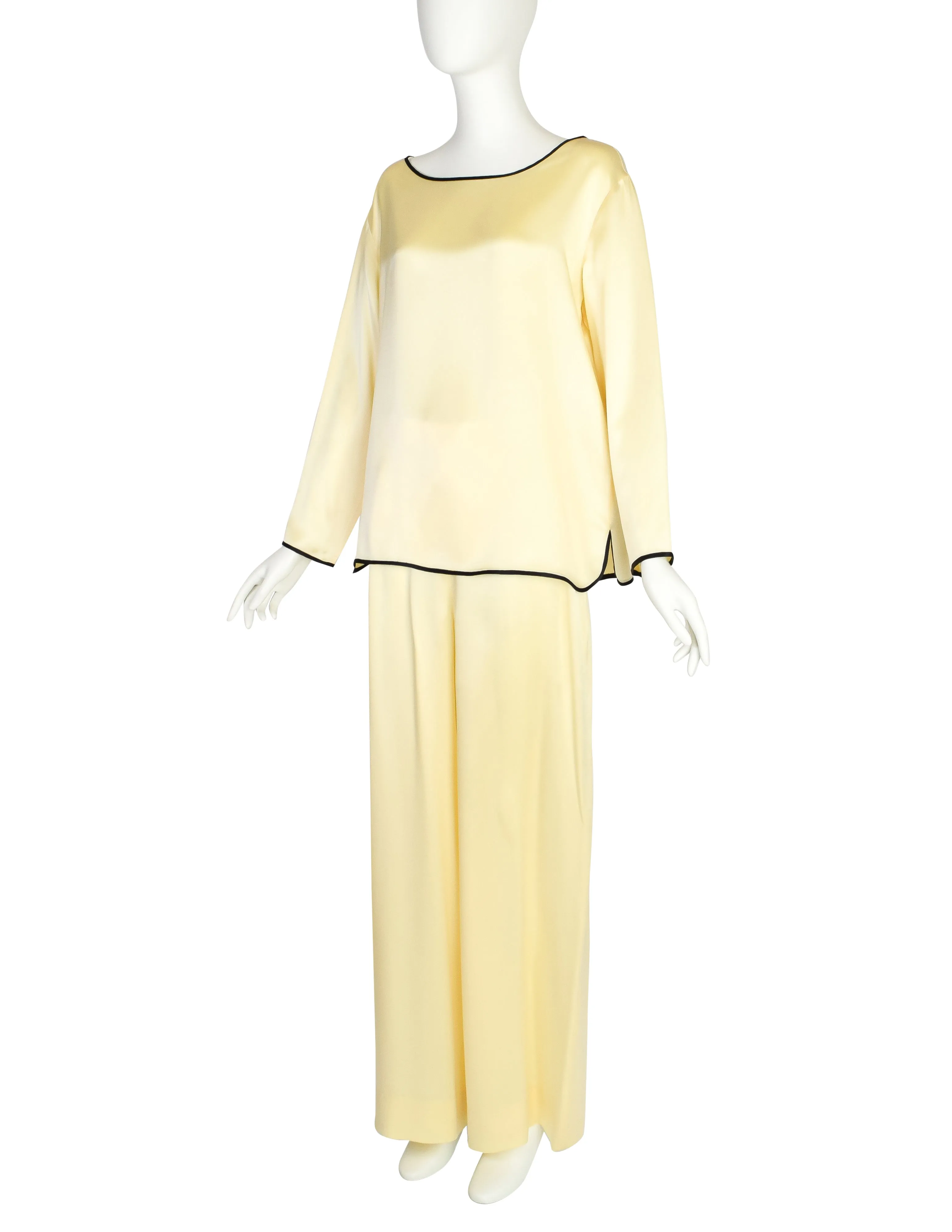 Fendi Vintage 1990s Pale Yellow Silk Charmeuse Top and Pant Lounge Ensemble Set