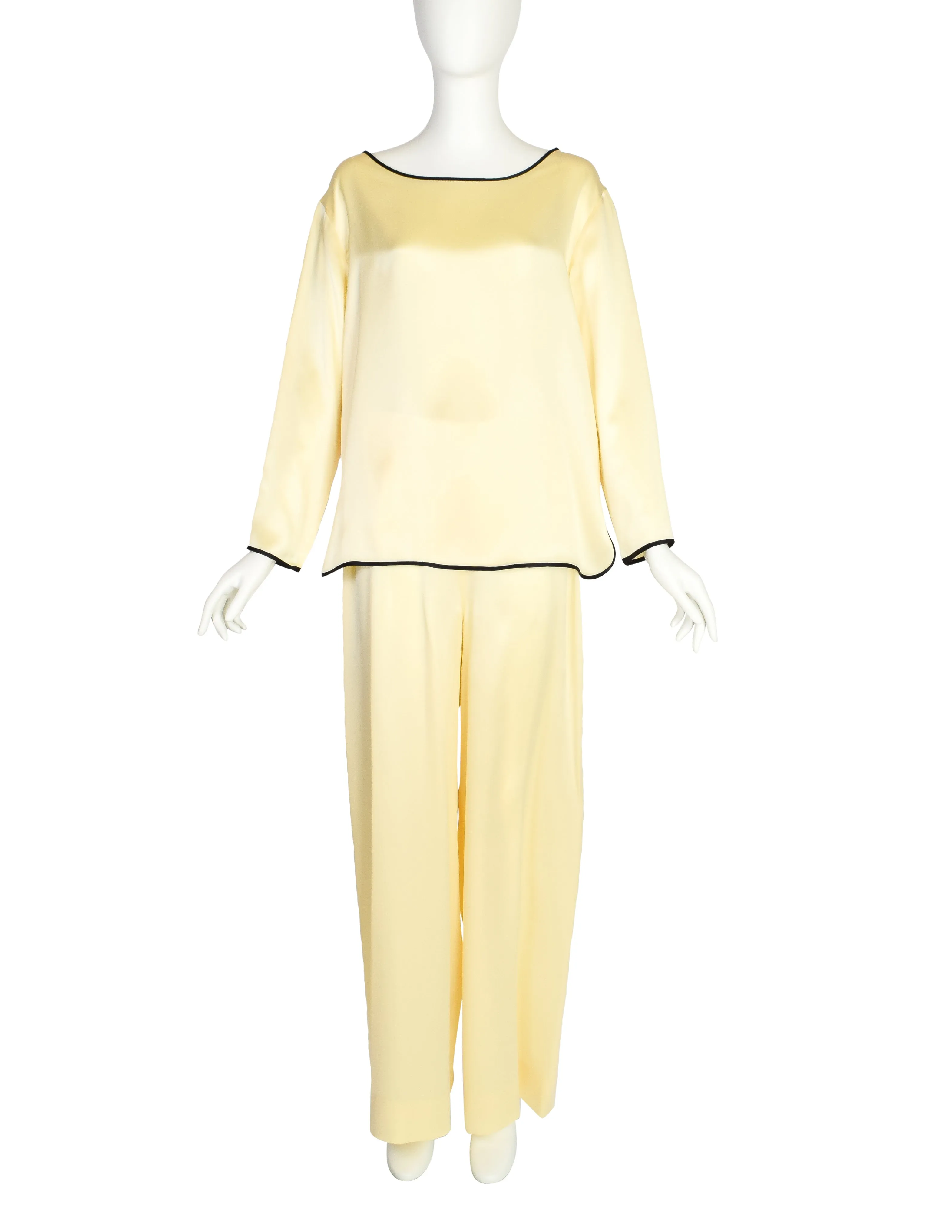 Fendi Vintage 1990s Pale Yellow Silk Charmeuse Top and Pant Lounge Ensemble Set