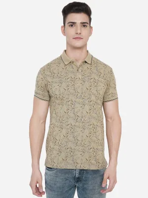 Khaki Printed Slim Fit Polo T-Shirt | Greenfibre