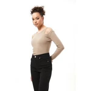 Light Brown Ribbed Shoulder Cut Top