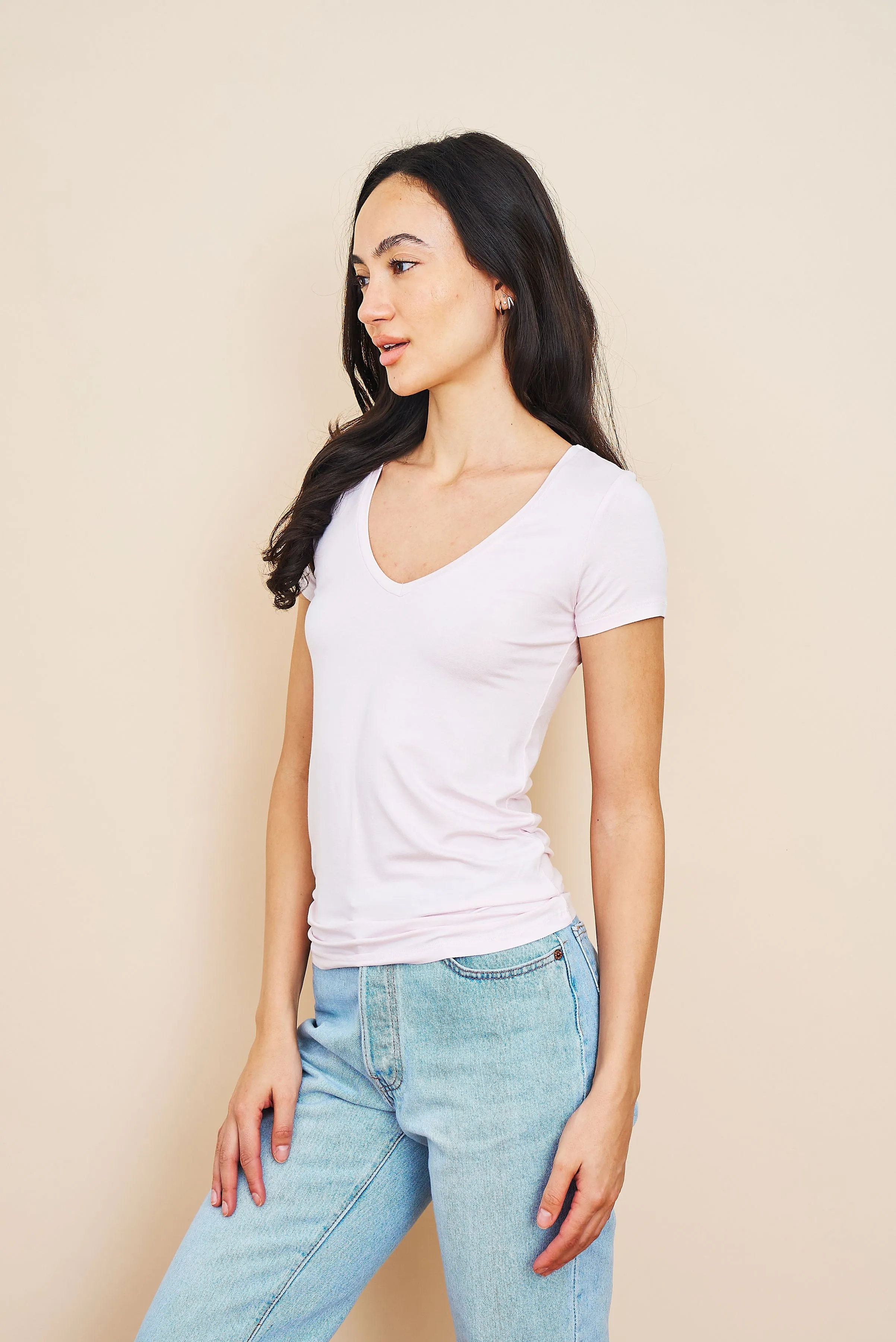 Majestic Short Sleeve V-Neck Tee in Petale