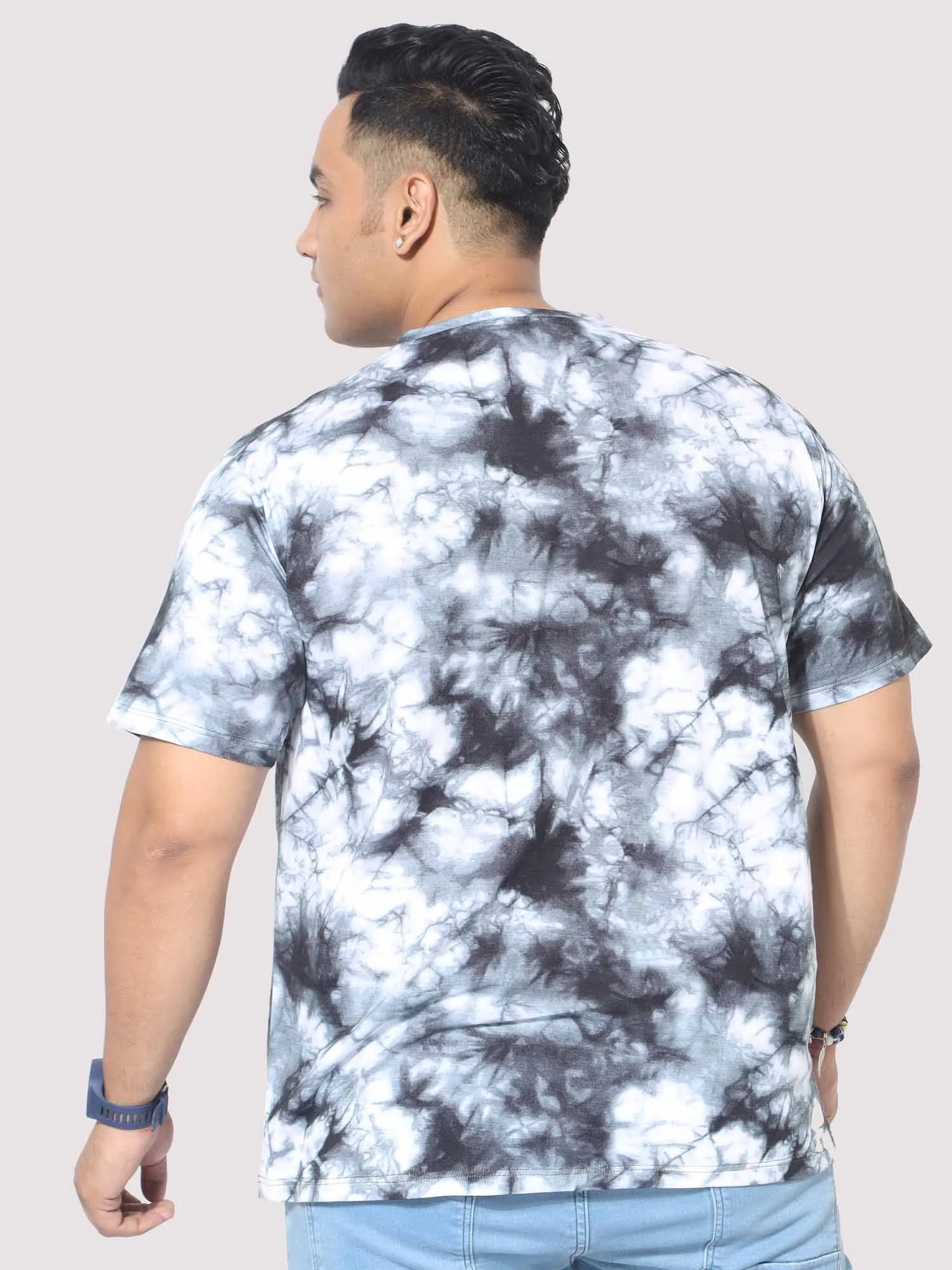 Men Plus Size Grey Tie Dye Texture Digital Printed Round Neck T-Shirt