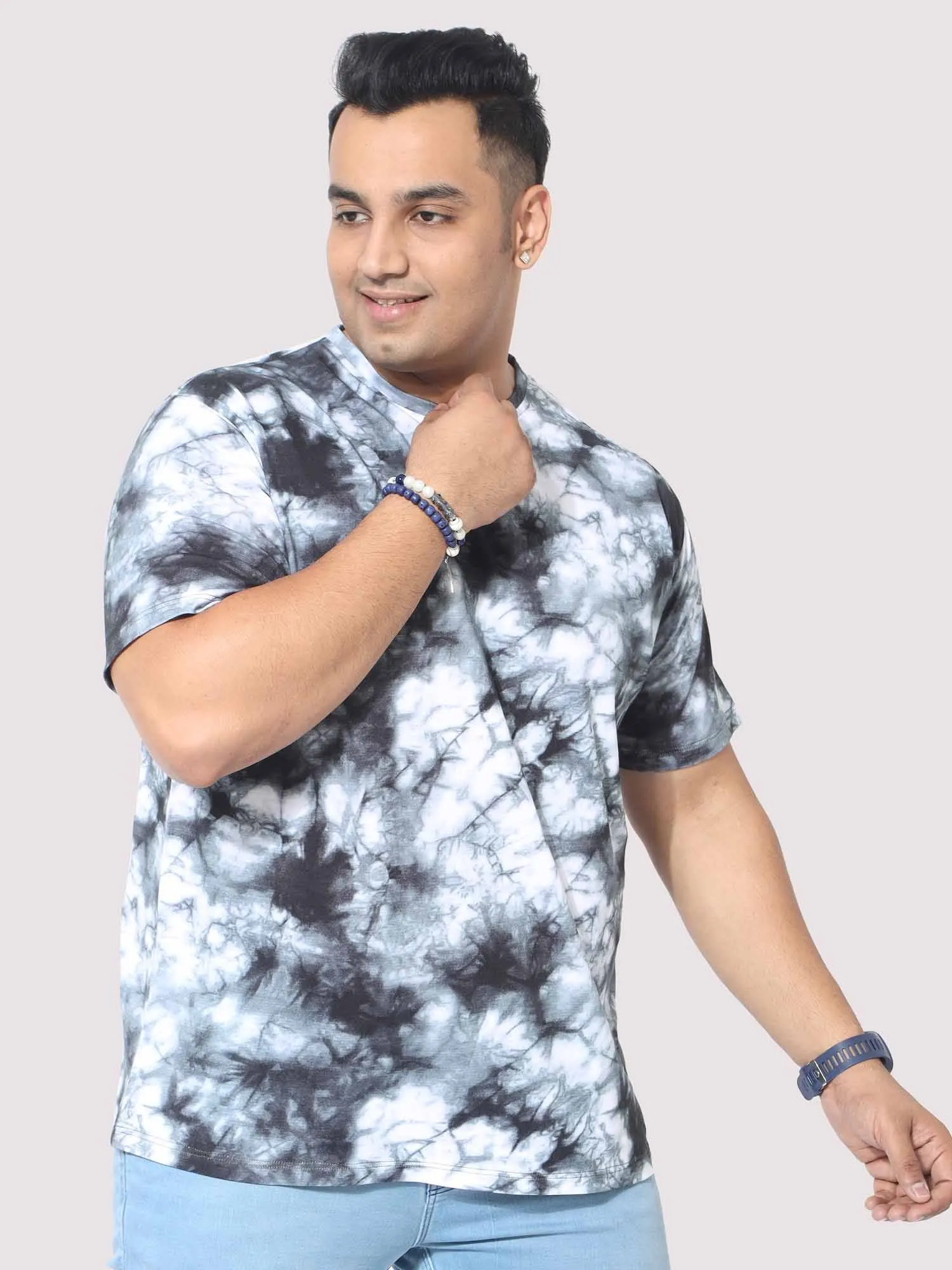 Men Plus Size Grey Tie Dye Texture Digital Printed Round Neck T-Shirt