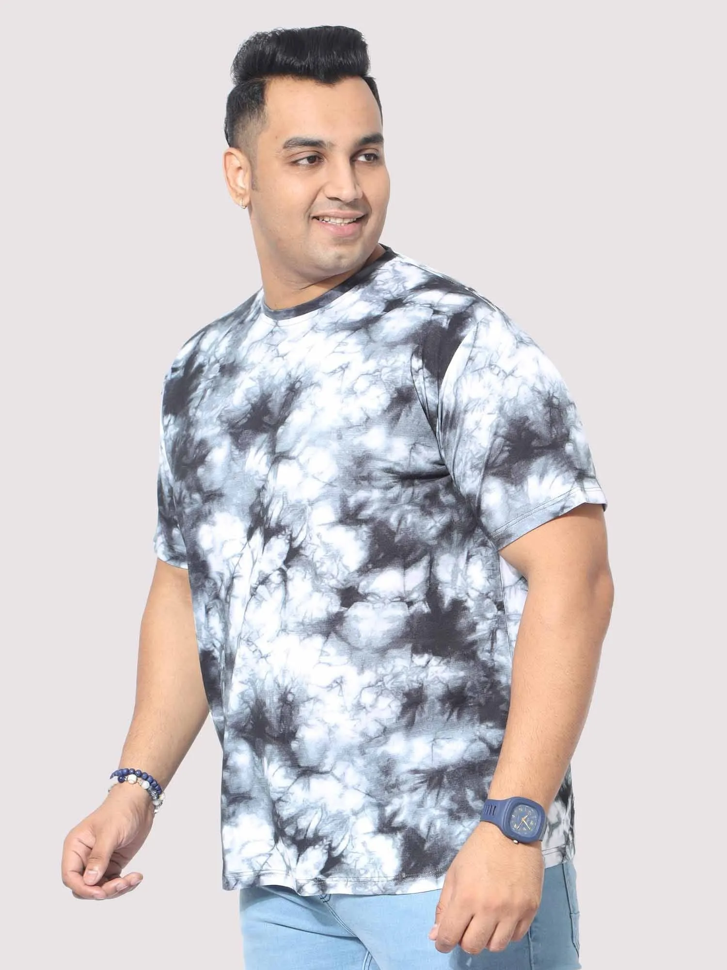 Men Plus Size Grey Tie Dye Texture Digital Printed Round Neck T-Shirt