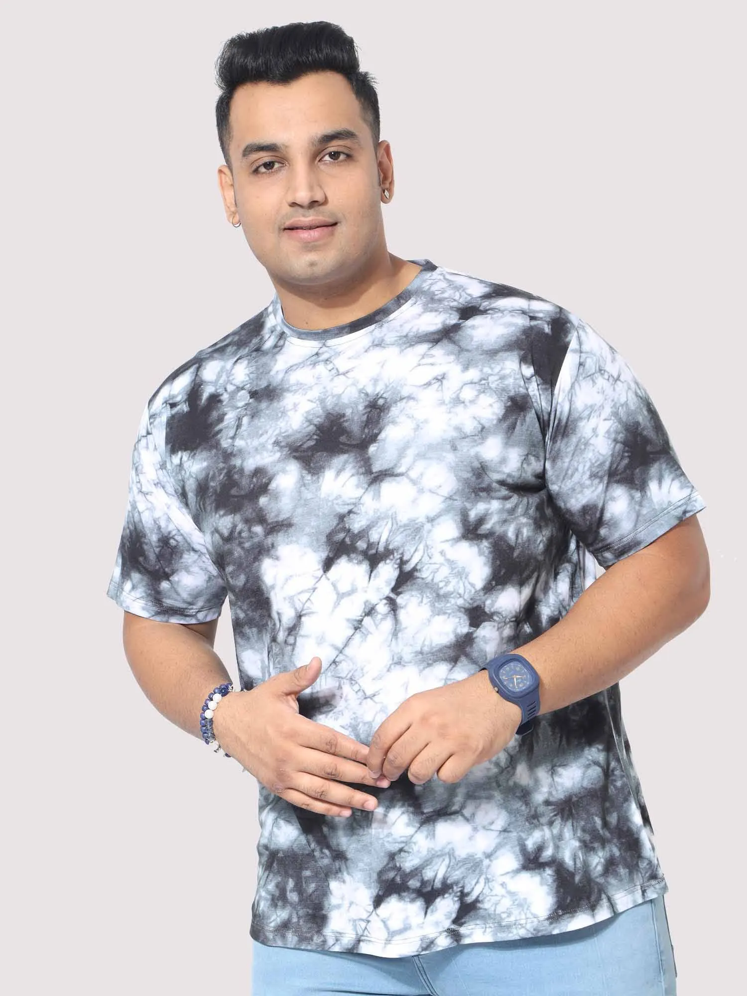 Men Plus Size Grey Tie Dye Texture Digital Printed Round Neck T-Shirt