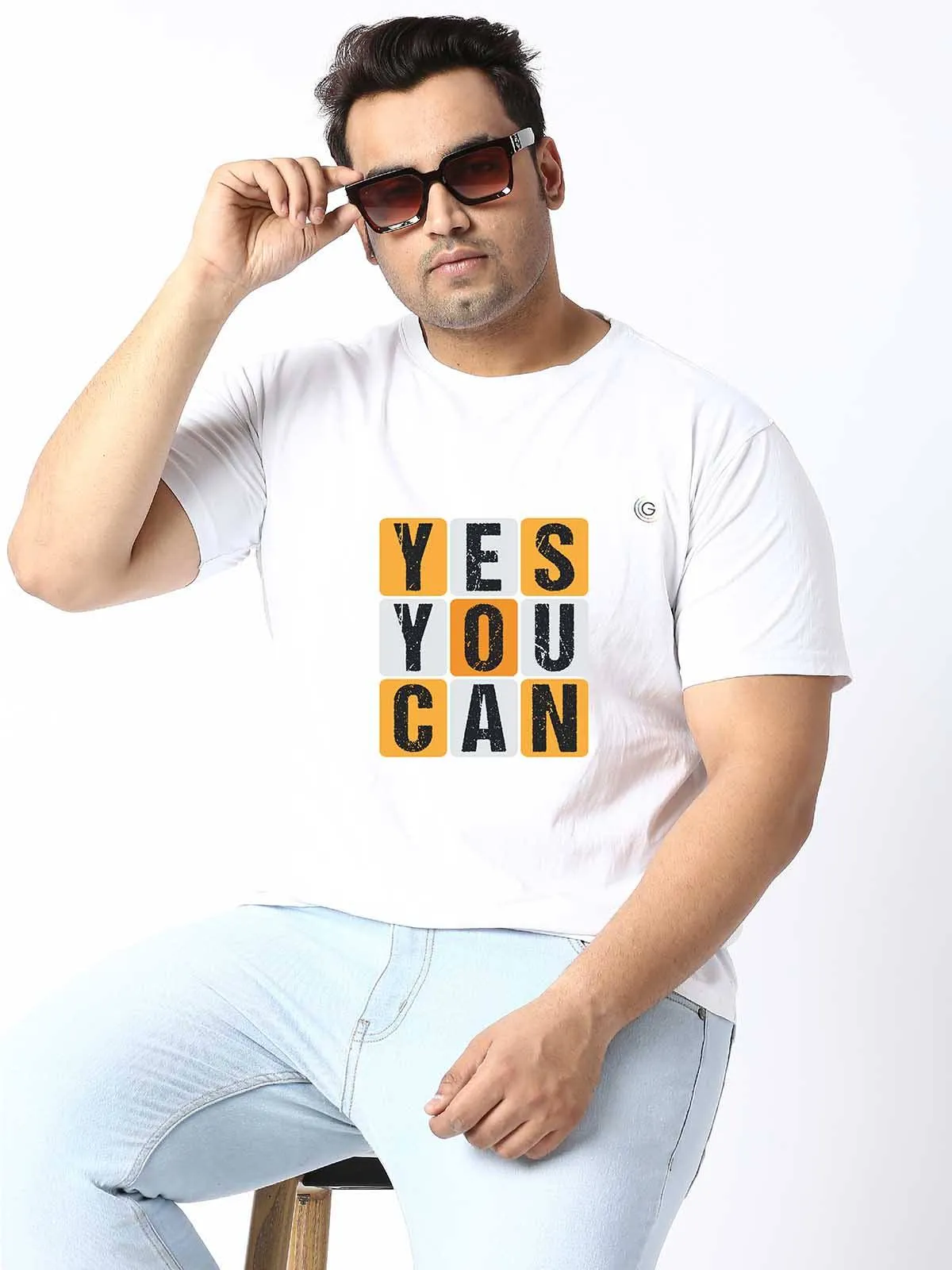 Men Plus Size White Yes You Can Printed Round Neck T-Shirt