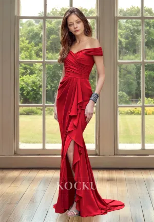 Off-Shoulder Sleeveless Mermaid High Slit Train Chiffon Mother of Groom Cocktail Dress with Pleats