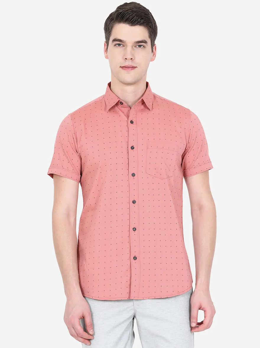 Sand Pink Printed Slim Fit Semi Casual Shirt | JadeBlue