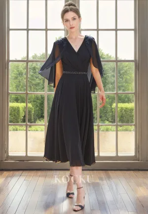 Simple & Casual A-Line V-Neck Cap Sleeves Chiffon Cocktail Mother of the Bride Dress