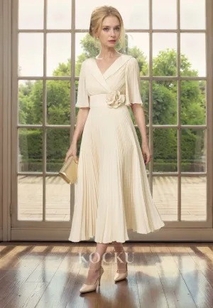 Simple & Casual Short sleeves V-Neck Chiffon Cocktail Mother of the Bride Dress With Flower