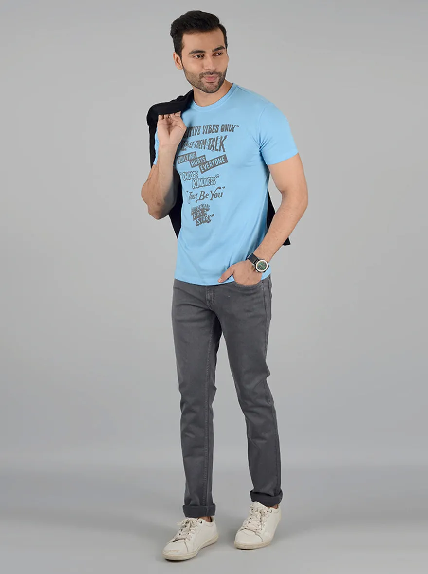 Sky Blue Printed Slim Fit T-Shirt | Greenfibre