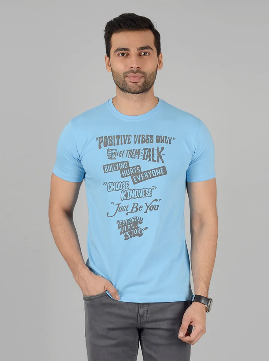 Sky Blue Printed Slim Fit T-Shirt | Greenfibre