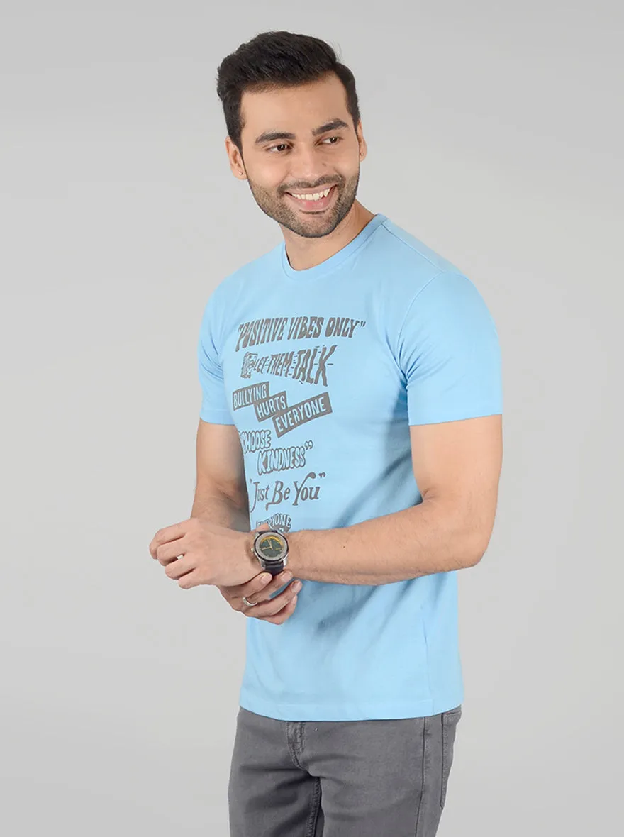 Sky Blue Printed Slim Fit T-Shirt | Greenfibre