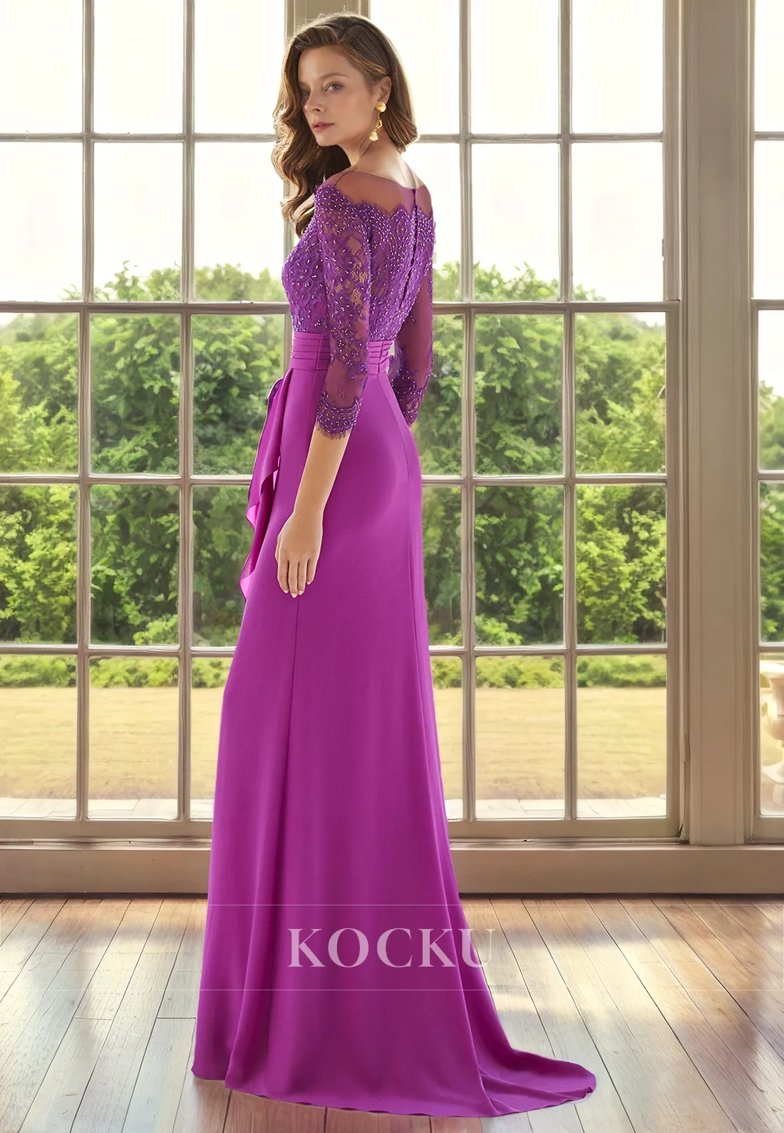 Sparkly Sheath Long sleeves Chiffon Cocktail Mother of the Bride Dress