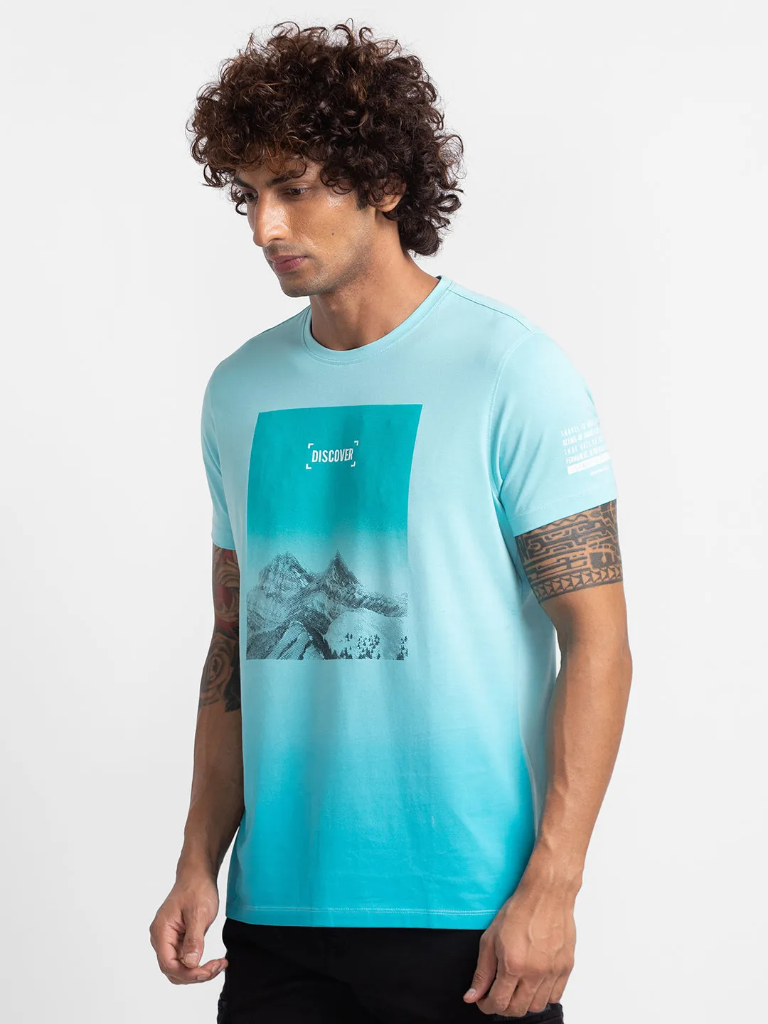 Spykar Cool Blue Cotton Half Sleeve Printed Casual T-Shirt For Men