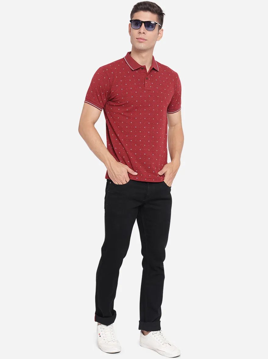 Tango Red Printed Slim Fit Polo T-Shirt | Greenfibre