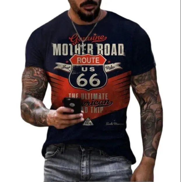 Vintage Men's T-shirts 3d Route 66 Printed,Trendy Oversized Tees Black